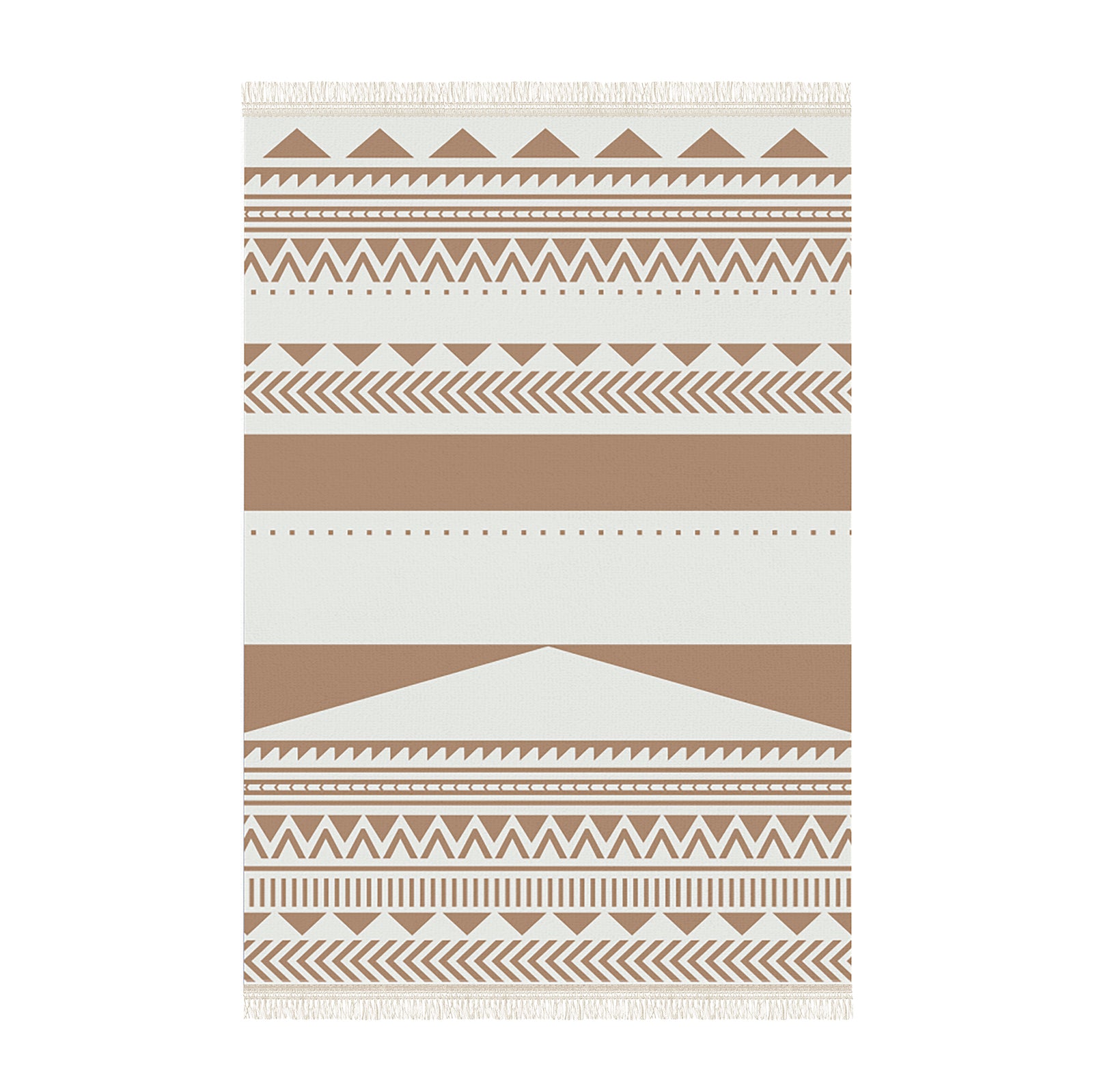 Kaley 160x230cm Woven Cotton Blend Tasseled Indoor Rug features geometric patterns with triangles, zigzags, dotted lines, and fringes, offering a contemporary tribal style for versatile home decor.