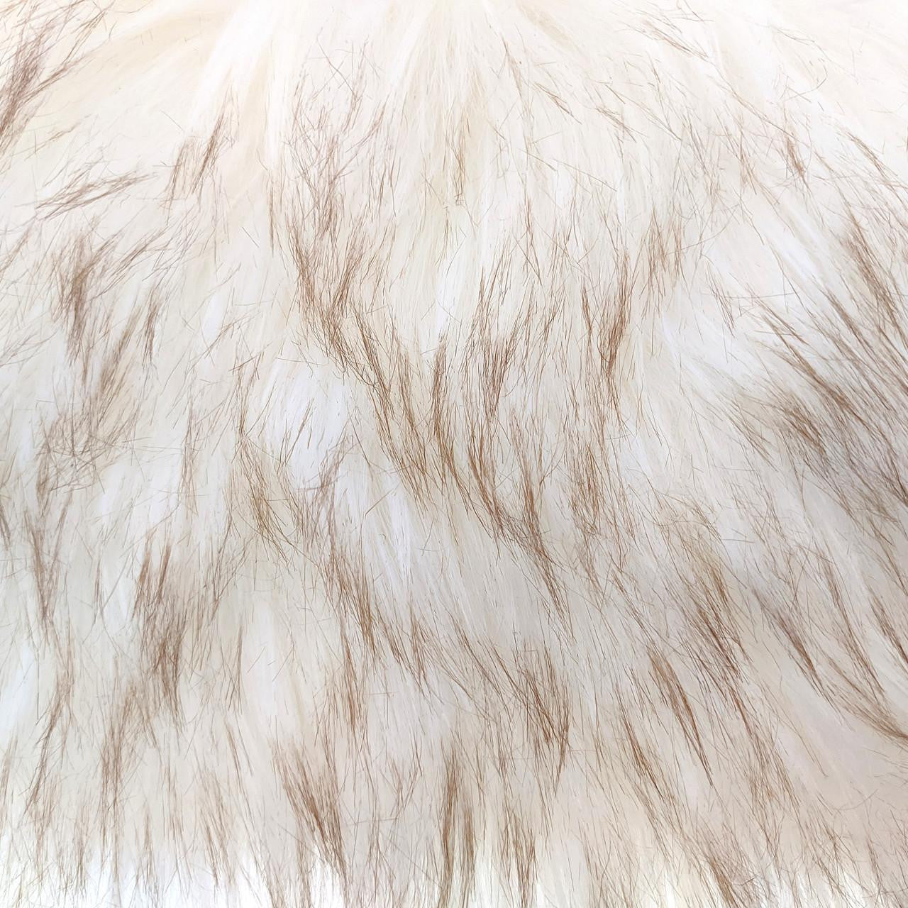 Kalina 60x180cm Shaggy Fluffy Fur Rug in Tan & White features a plush, long-haired texture with white fur and scattered tan tips, mimicking luxurious sheepskin, perfect for adding warmth and comfort.
