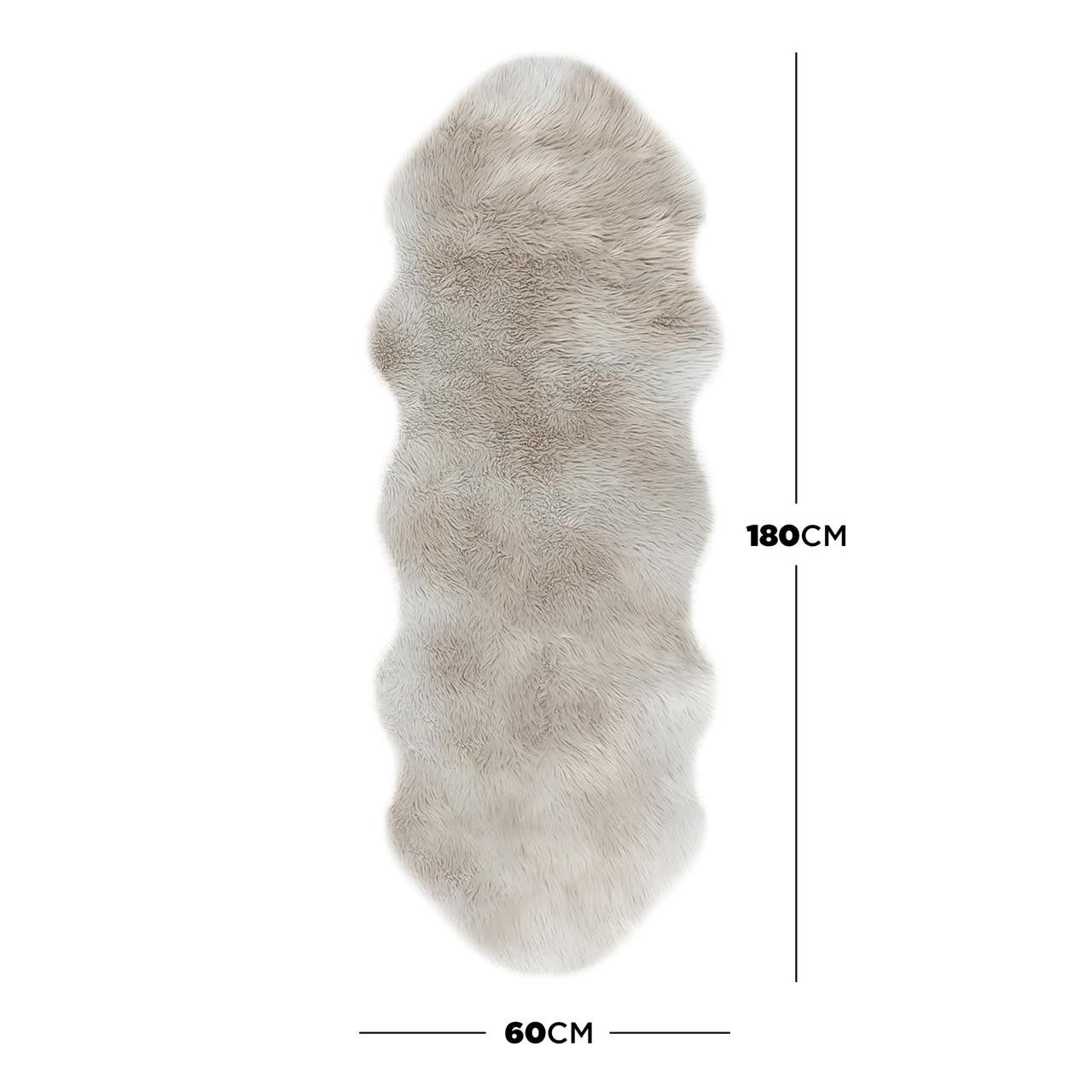 Kalina 60x180cm Shaggy Fluffy Fur Rug in Tan & White features a long, narrow shape with a soft, shaggy pile and undulating edges, perfect for adding warmth to any space.