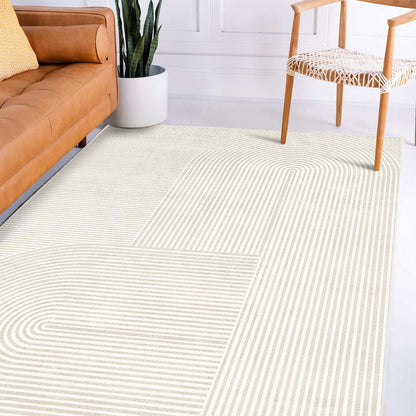 Krokom 160x230cm Modern Abstract Indoor Floor Rug features a light-neutral pattern of thin beige lines forming blocks and curves, complementing the minimalist living room setup with a camel-brown leather sofa and wooden chair.