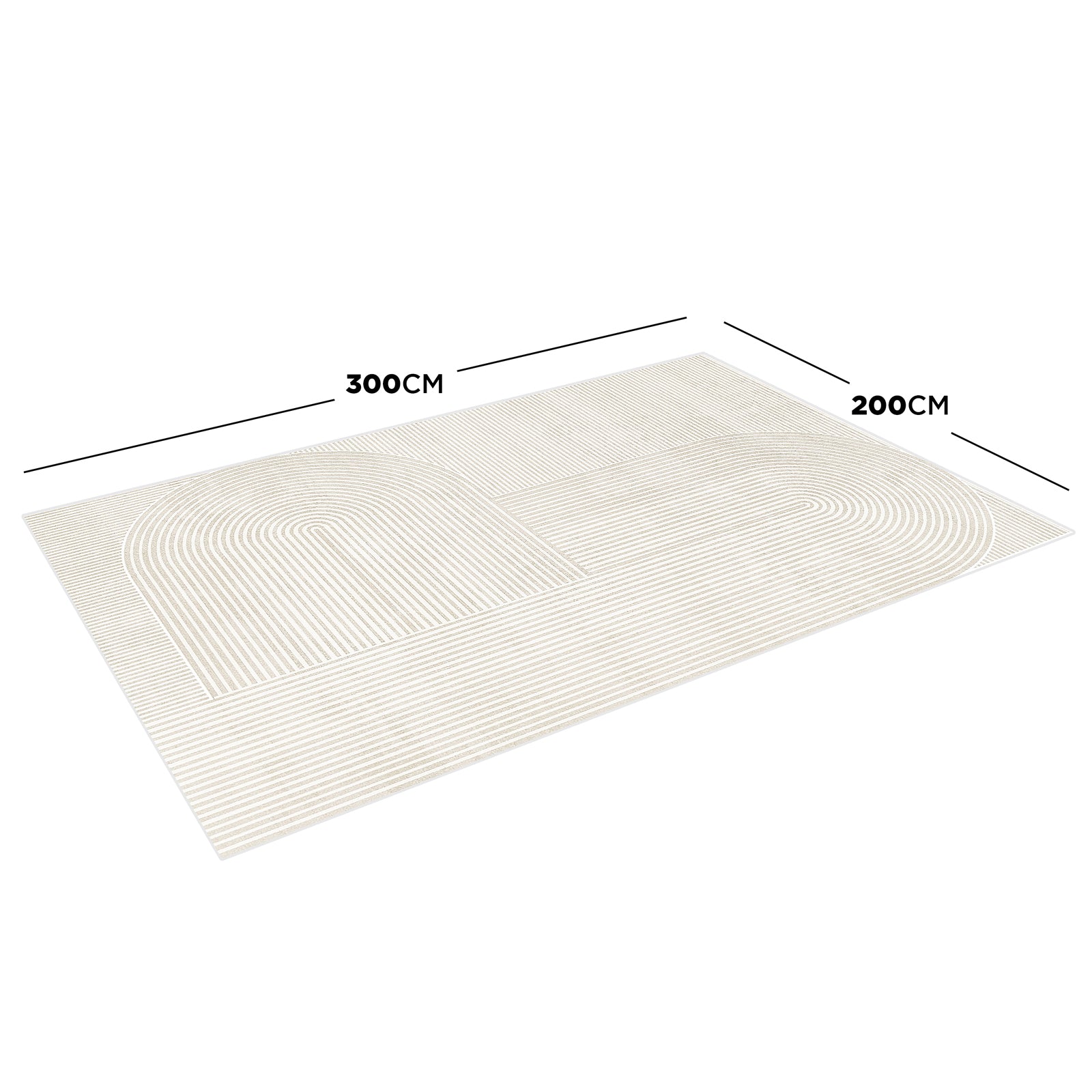 Krokom 200x300cm Modern Abstract Indoor Floor Rug featuring light-colored geometric patterns, including mirrored semi-circular arches, laid flat in a spacious view showcasing its large dimensions.