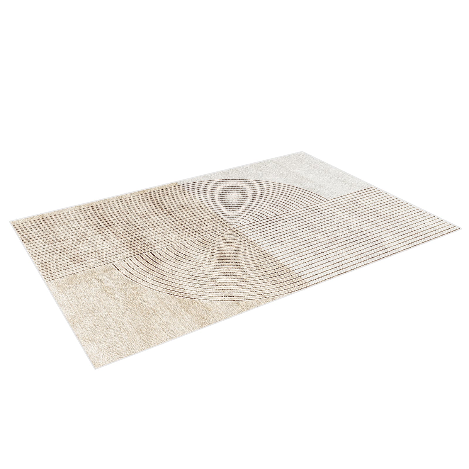 Lunder 160x230cm Modern Abstract Floor Rug with neutral tones, featuring geometric motifs of concentric half-circles and parallel lines, offering a minimalist and contemporary design.
