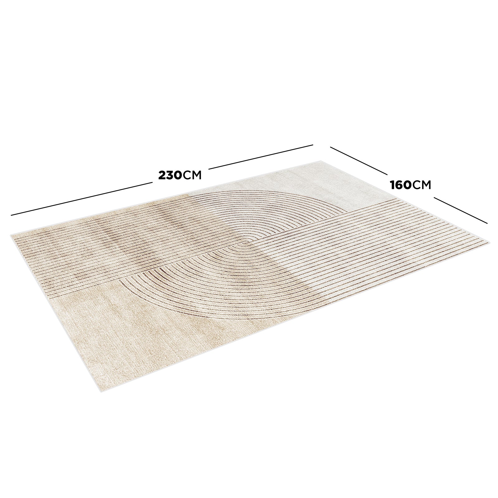 Lunder 160x230cm Modern Abstract Floor Rug in beige features concentric semi-circles and horizontal stripes, creating a geometric design, ideal for enhancing living spaces with style and floor protection.