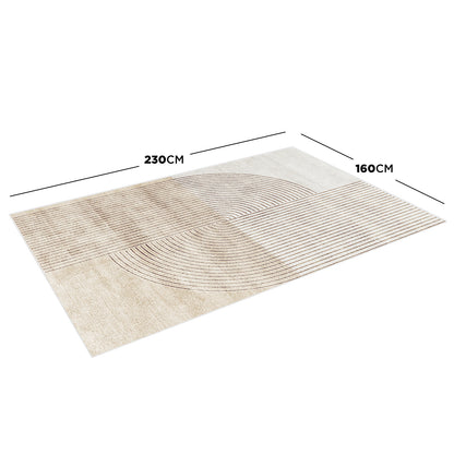 Lunder 160x230cm Modern Abstract Floor Rug in beige features concentric semi-circles and horizontal stripes, creating a geometric design, ideal for enhancing living spaces with style and floor protection.