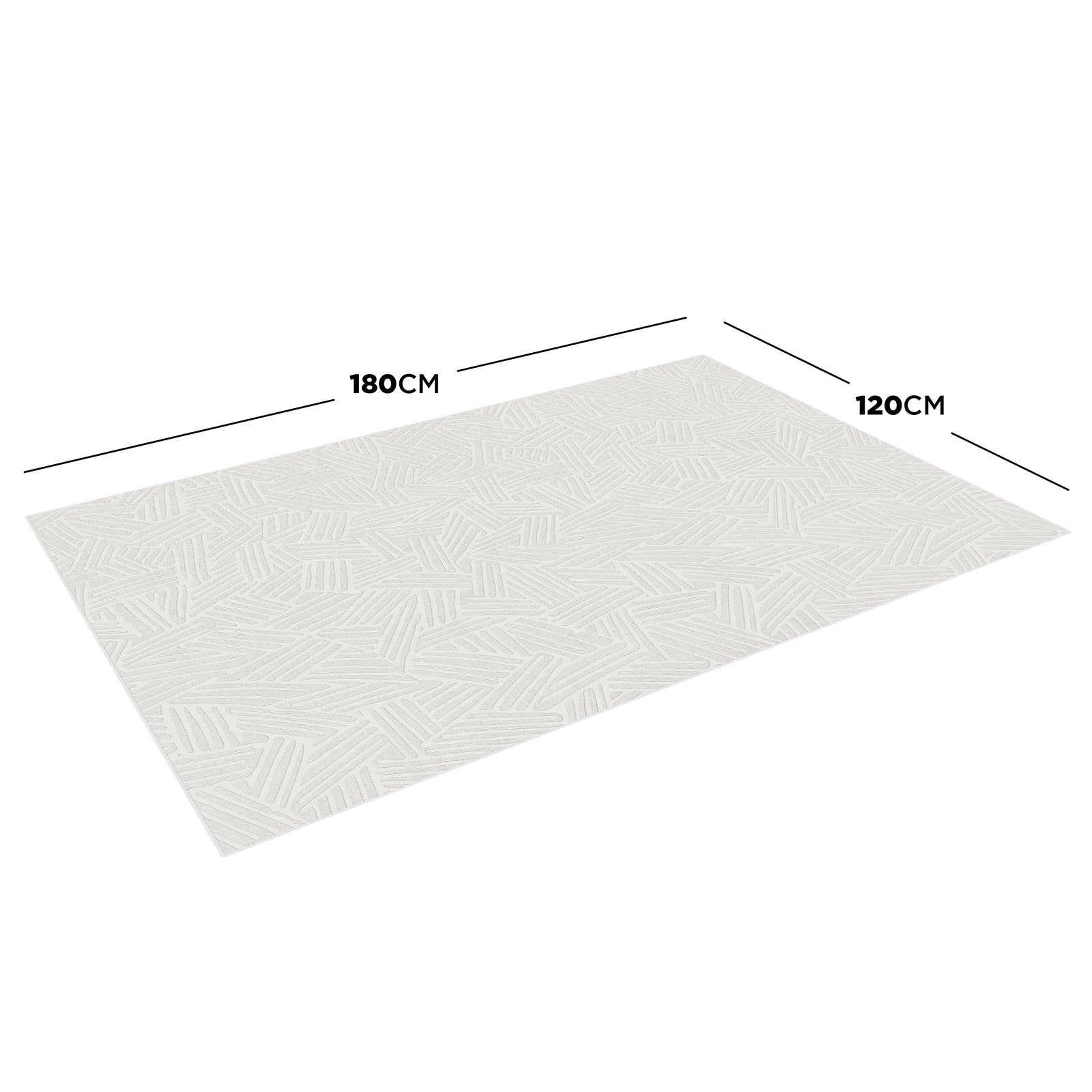 Malung 120x180cm Contemporary Indoor Floor Rug features a cream hue with a subtle embossed geometric pattern, highlighted by size indicators.