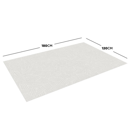 Malung 120x180cm Contemporary Indoor Floor Rug features a cream hue with a subtle embossed geometric pattern, highlighted by size indicators.