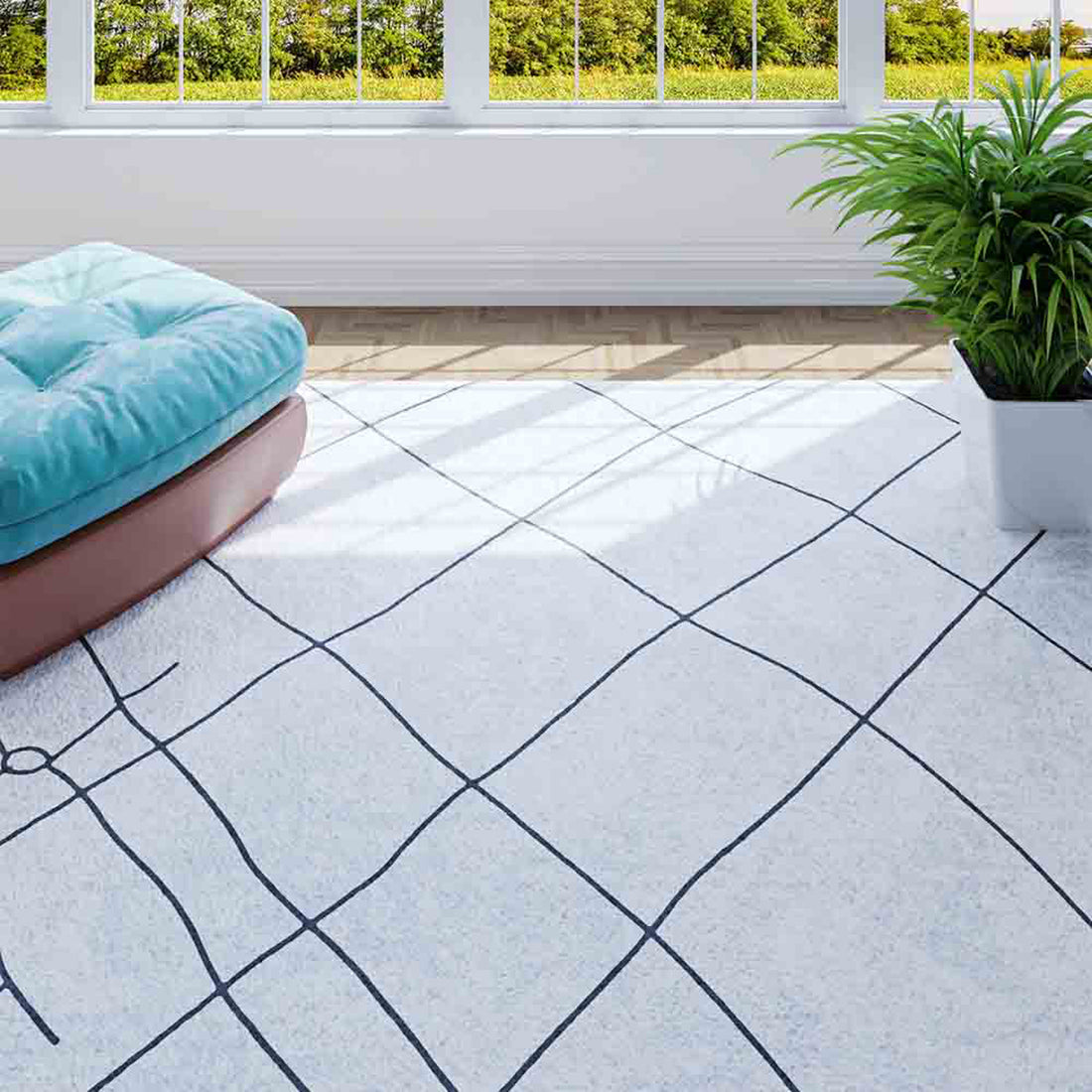 Melody Black and White Modern Floor Rug 200 x 300cm with abstract black grid pattern on ivory, laid in a sunlit room featuring large windows, a blue pouf, and a green plant.