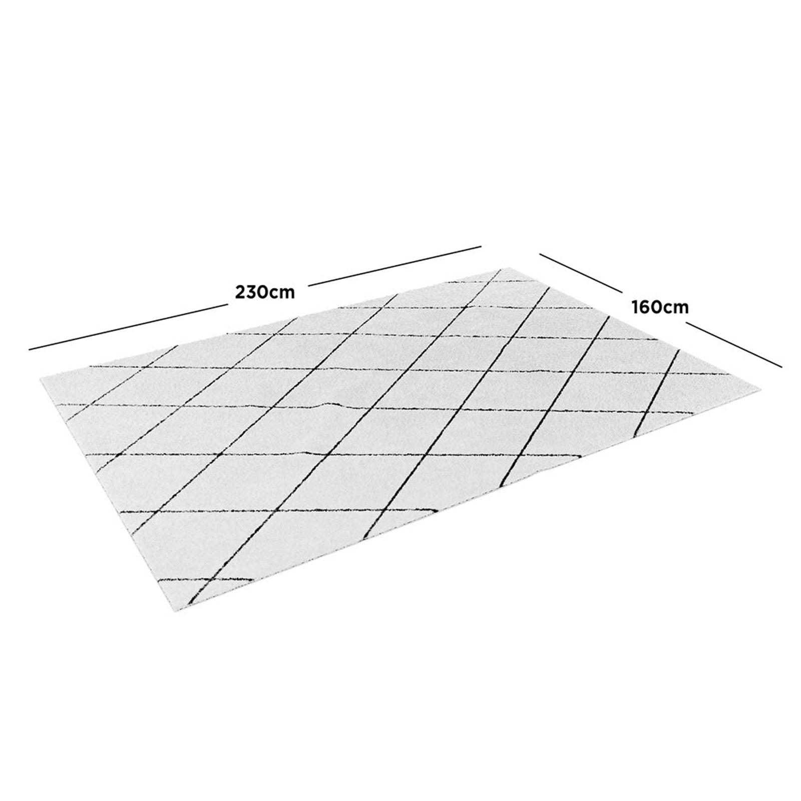 Milani 160x230cm Contemporary Printed Indoor Floor Rug showcases a light tone with a thin black diamond pattern. Dimensions are highlighted, featuring Scandinavian design ideal for living or dining areas.