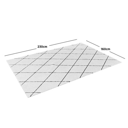 Milani 160x230cm Contemporary Printed Indoor Floor Rug showcases a light tone with a thin black diamond pattern. Dimensions are highlighted, featuring Scandinavian design ideal for living or dining areas.