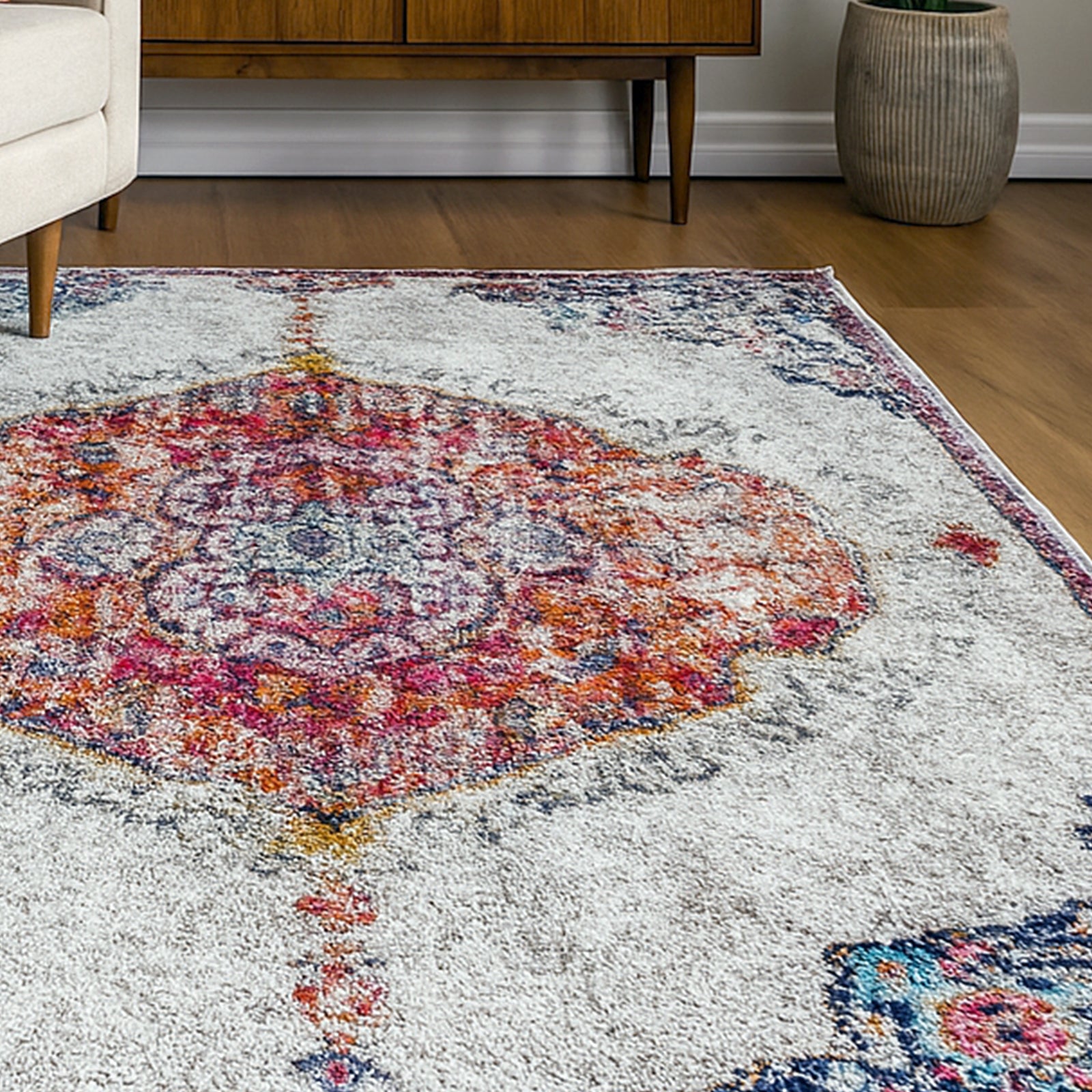 Close-up of the Morgan Distressed Persian Silky Rug 160x230cm, showcasing its intricate medallion design and distressed texture, suitable for enhancing any living space with a vintage feel.