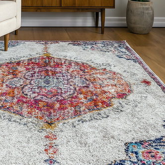 Close-up of the Morgan Distressed Persian Silky Rug 160x230cm, showcasing its intricate medallion design and distressed texture, suitable for enhancing any living space with a vintage feel.