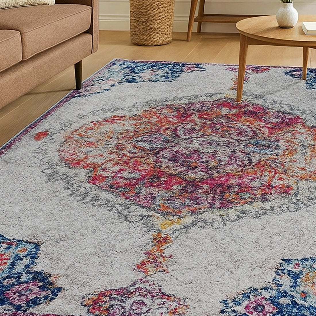 Close-up of the Morgan Distressed Persian Silky Rug 160x230cm, showcasing its intricate medallion design and low-profile texture, ideal for enhancing indoor spaces with a vintage touch.