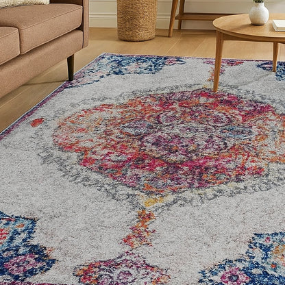 Close-up of the Morgan Distressed Persian Silky Rug 160x230cm, showcasing its intricate medallion design and low-profile texture, ideal for enhancing indoor spaces with a vintage touch.