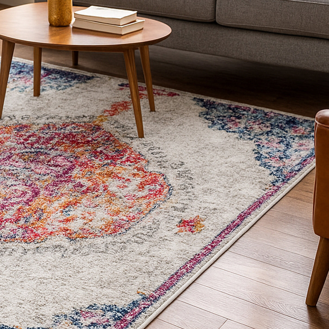 Morgan Distressed Persian Silky Rug 160x230cm displayed on a wooden floor, showcasing its intricate medallion design and distressed texture, ideal for adding elegance to living spaces.