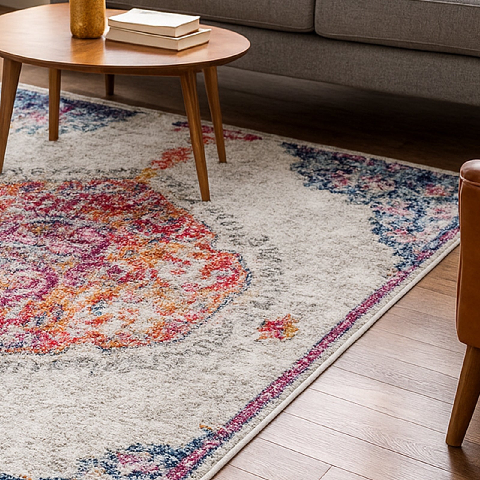 Morgan Distressed Persian Silky Rug 160x230cm displayed on a wooden floor, showcasing its intricate medallion design and distressed texture, ideal for adding elegance to living spaces.