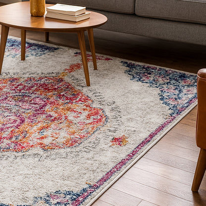 Morgan Distressed Persian Silky Rug 160x230cm displayed on a wooden floor, showcasing its intricate medallion design and distressed texture, ideal for adding elegance to living spaces.