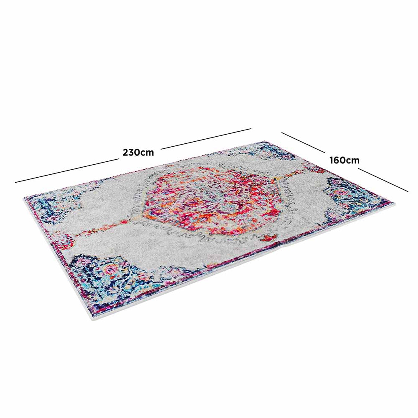 Morgan Distressed Persian Silky Rug 160x230cm features a medallion design with distressed details, visible multicolour pattern, and a smooth, low-pile surface, perfect for high-traffic areas.