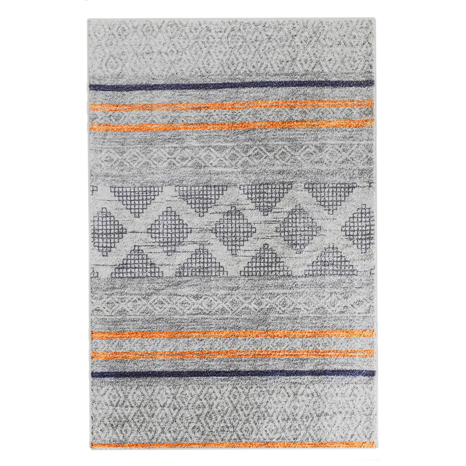 Naomi Scandinavian Style Modern Rug 160x230cm features a close-up view of its intricate tribal-inspired print pattern, showcasing a blend of textures and detailed woven design elements.
