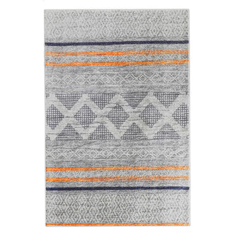 Naomi Scandinavian Style Modern Rug 160x230cm features a close-up view of its intricate tribal-inspired print pattern, showcasing a blend of textures and detailed woven design elements.