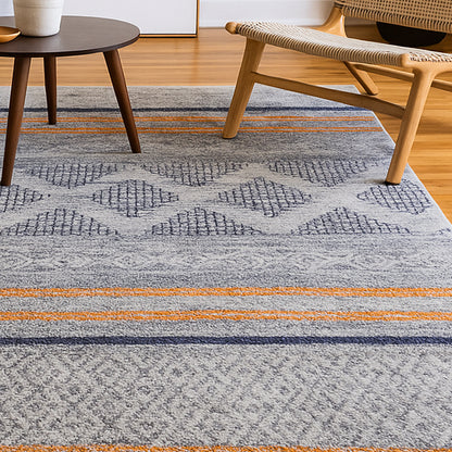 Naomi Scandinavian Style Modern Rug 160x230cm features a tribal print with a soft 12mm pile, shown on a hardwood floor, highlighting its anti-slip backing and durable polyester construction.