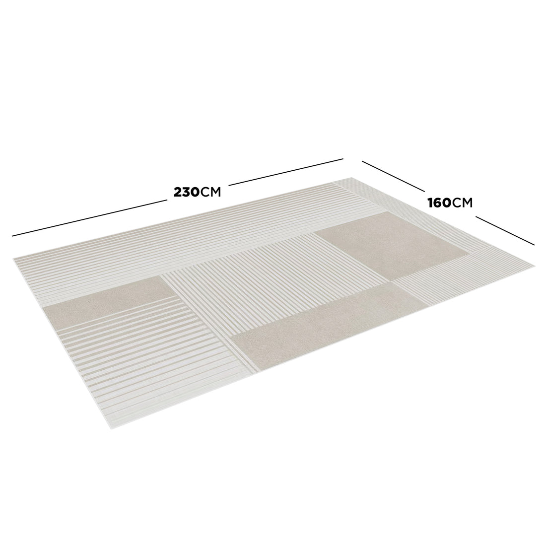Nicho 160x230cm Polyester Tufted Modern Abstract Indoor Rug with geometric patchwork of solid and striped beige blocks, displayed flat with dimension lines.
