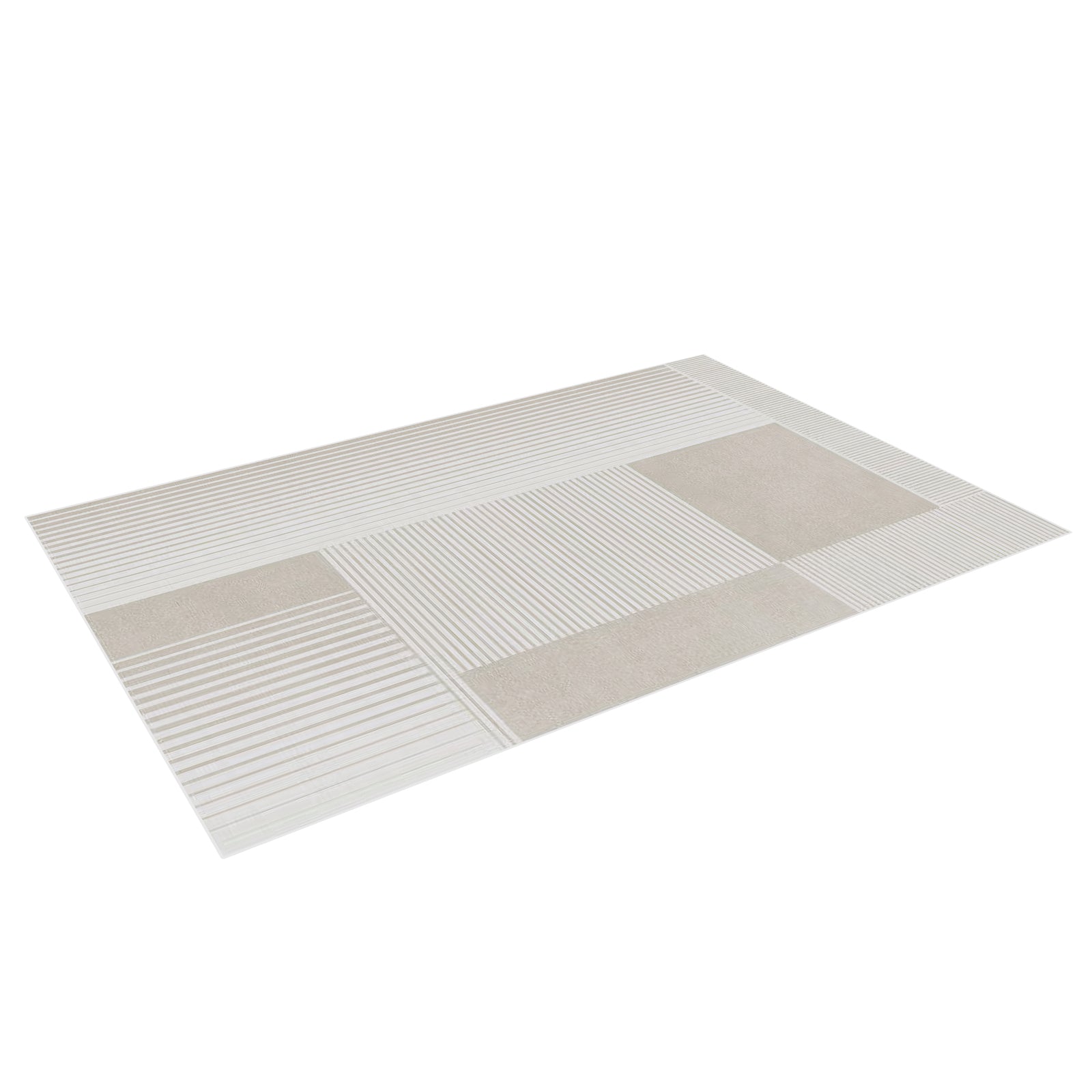 Nicho 200x300cm Polyester Tufted Modern Abstract Indoor Rug with alternating solid beige and striped white-on-beige rectangular panels in a grid pattern, showcasing a contemporary design.