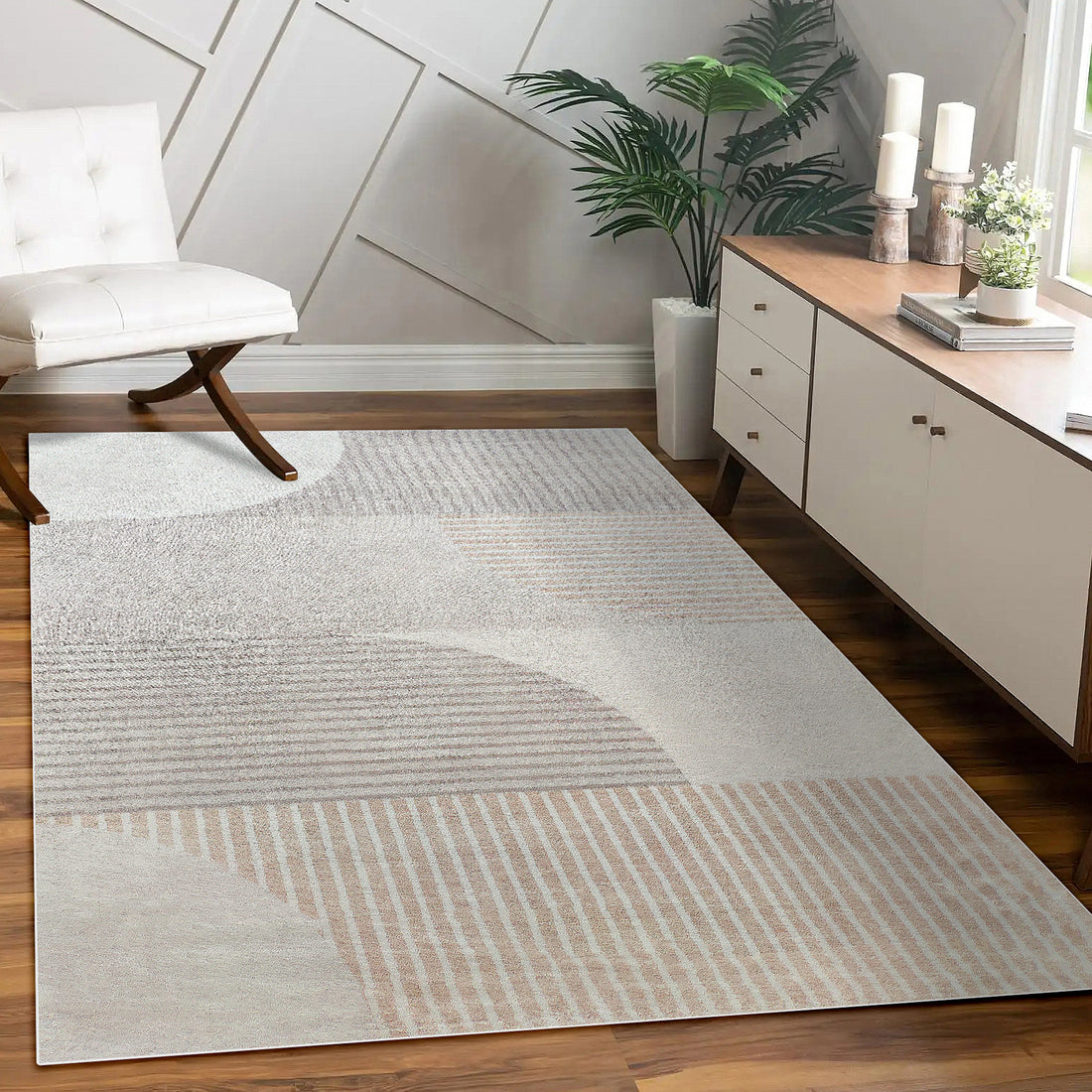 Olivia 120x180cm Polyester Tufted Modern Abstract Indoor Rug with geometric pattern, positioned in a bright, modern interior corner, enhancing the space with its soft neutral tones and contemporary design.