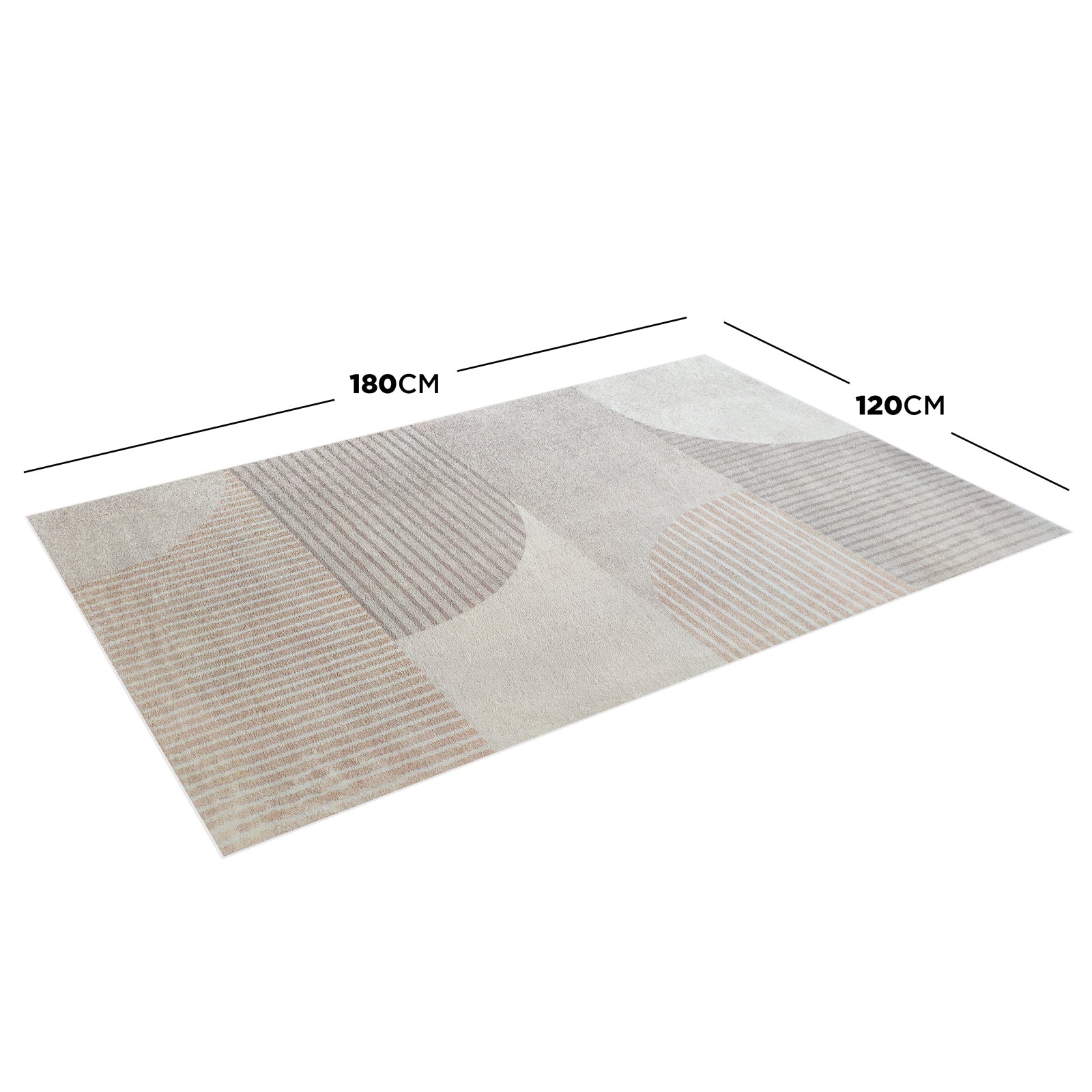 Olivia 120x180cm Polyester Tufted Modern Abstract Indoor Rug featuring a low-pile design with semi-circles and striped blocks. Neutral tones, anti-slip backing, perfect for living spaces.