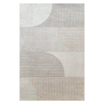 Olivia 160x230cm Polyester Tufted Modern Abstract Indoor Rug features oversized half-circles and block patterns with fine stripes, creating a modern geometric design in soft, neutral tones.