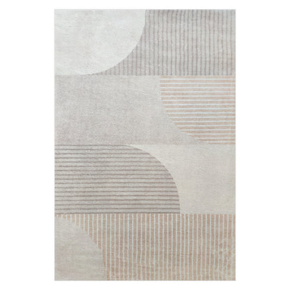 Olivia 160x230cm Polyester Tufted Modern Abstract Indoor Rug features oversized half-circles and block patterns with fine stripes, creating a modern geometric design in soft, neutral tones.