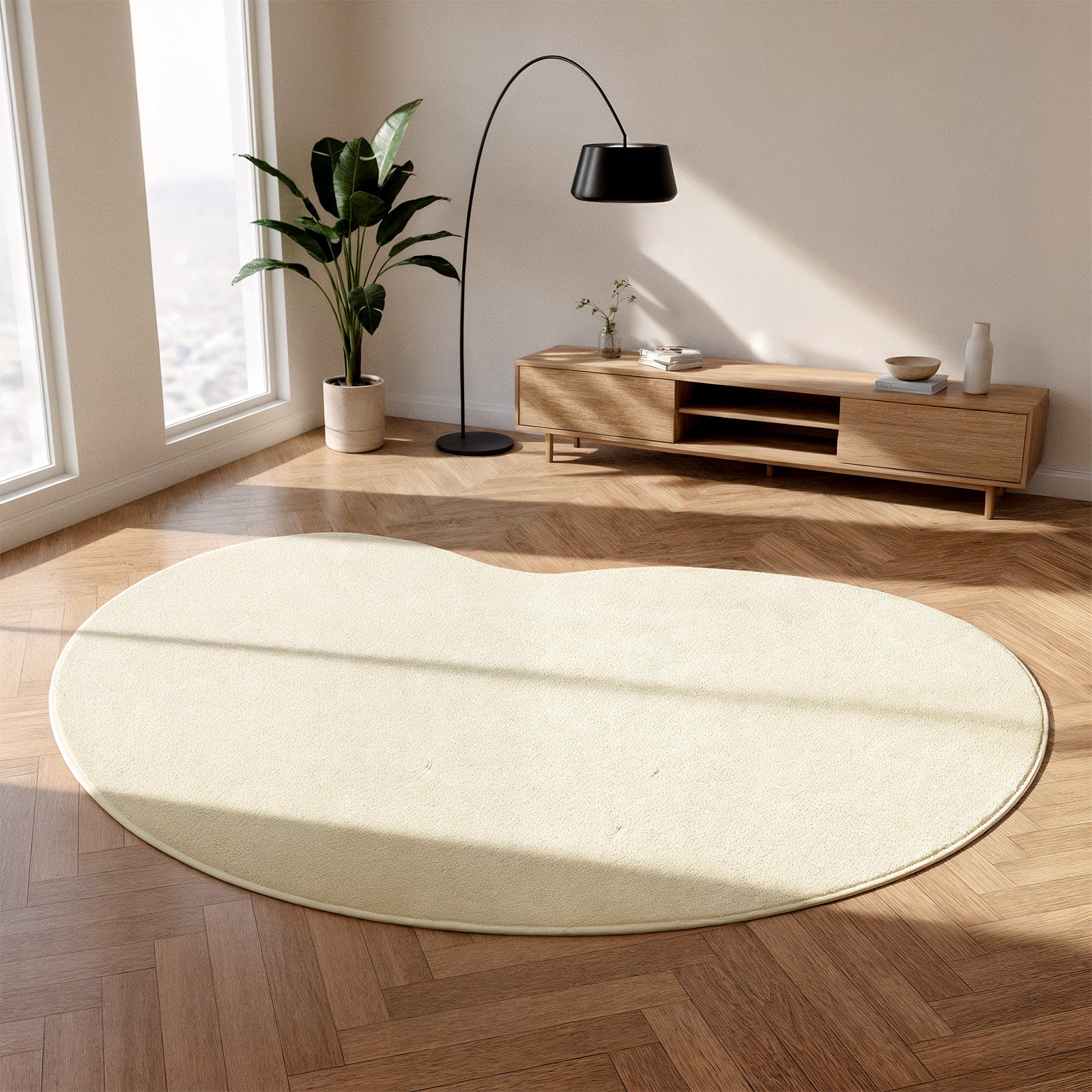Parna 200x300cm Curved Large Soft Rug in Beige on herringbone floor, adding warmth; complements mid-century console, arcing lamp, and houseplant, creating a serene, Scandinavian-inspired living space.