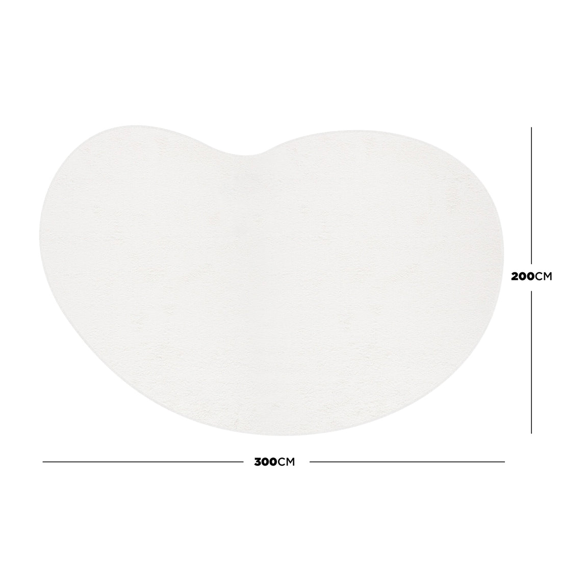 Parna 200 x 300cm Curved Shaggy Rug in Cream White, featuring a large, bean-shaped design with dimension lines, showcasing its soft, plush texture ideal for enhancing modern living spaces.