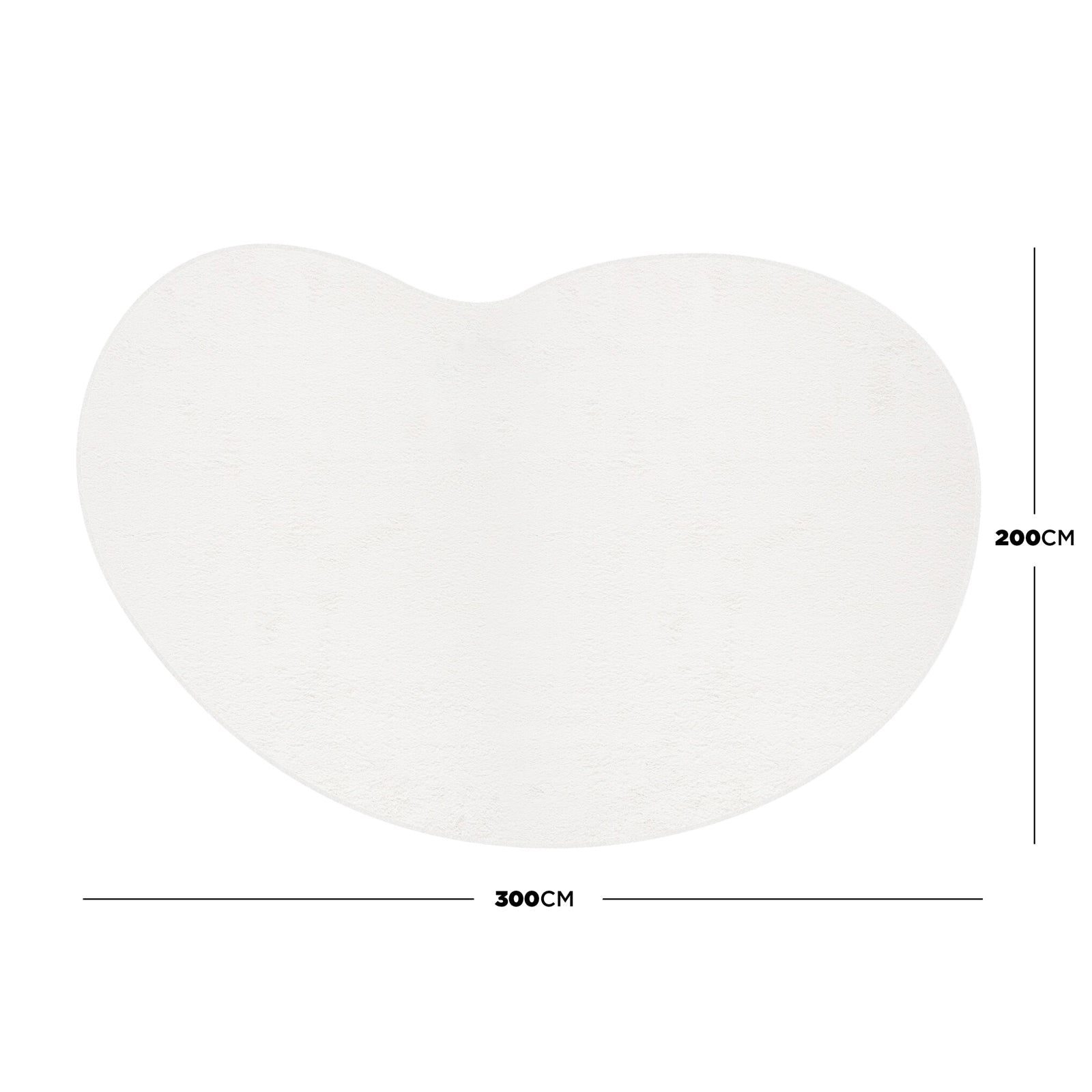 Parna 200 x 300cm Curved Shaggy Rug in Cream White, featuring a large, bean-shaped design with dimension lines, showcasing its soft, plush texture ideal for enhancing modern living spaces.