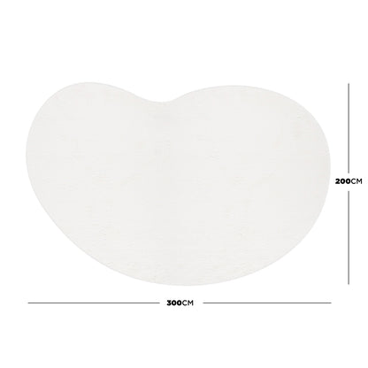 Parna 200 x 300cm Curved Shaggy Rug in Cream White, featuring a large, bean-shaped design with dimension lines, showcasing its soft, plush texture ideal for enhancing modern living spaces.