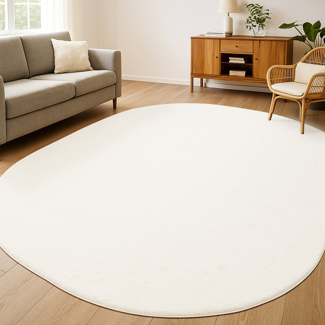 Pavla 200 x 300cm Oval Shaggy Rug in Cream White graces a sunlit, minimalist living room with its plush texture and elegant oval design, complementing a light gray sofa and mid-century sideboard.