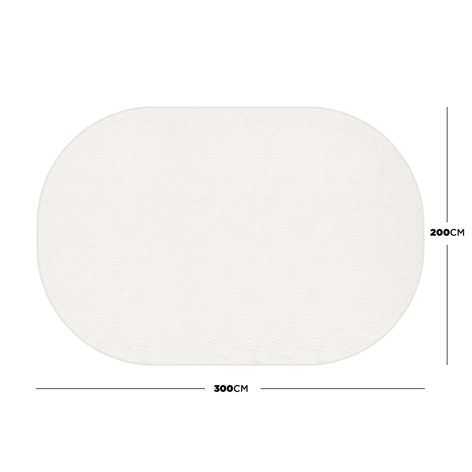 Pavla 200 x 300cm Oval Shaggy Rug in Cream White, featuring a plush, shaggy texture with an oval shape, displayed with dimension lines for size reference against a plain white background.