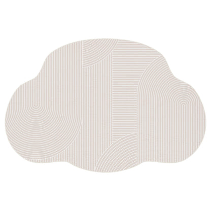 Penina 300 x 400cm Cloud Shaggy Rug in Neutral features a cloud-shaped, light beige form with fine white line patterns, creating semi-circles and stripes across its surface, offering a minimalist geometric look.