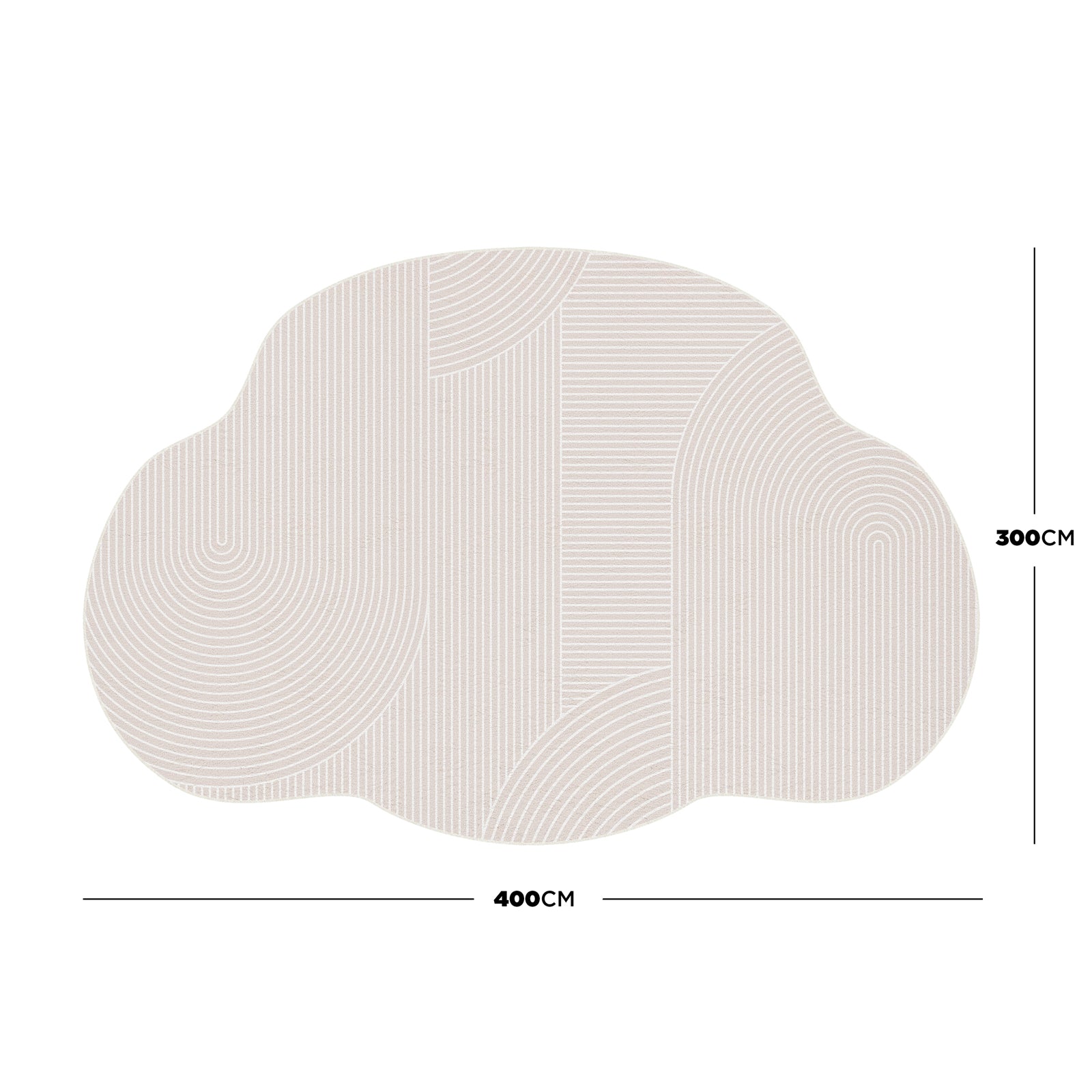 Top-down illustration of the Penina 300 x 400cm Cloud Shaggy Rug in Neutral, showcasing its cloud shape with fine geometric patterns, emphasizing its large size and soft, rounded edges.