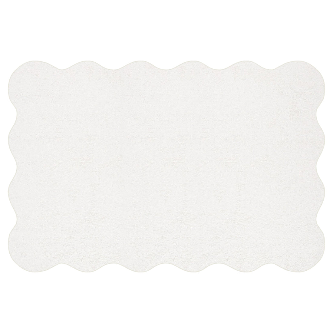 Pixie 200x300cm Large Wavy Shag Rug in Cream White, featuring scalloped edges and a plush texture, displayed on a white background, highlighting its stylish wavy design and soft, inviting appearance.