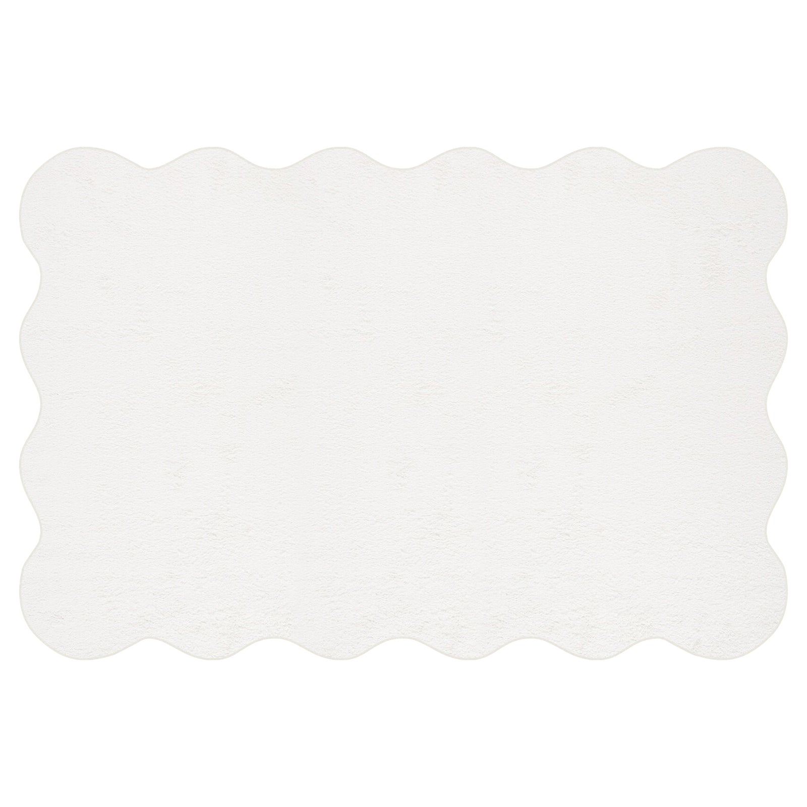 Pixie 200x300cm Large Wavy Shag Rug in Cream White, featuring scalloped edges and a plush texture, displayed on a white background, highlighting its stylish wavy design and soft, inviting appearance.