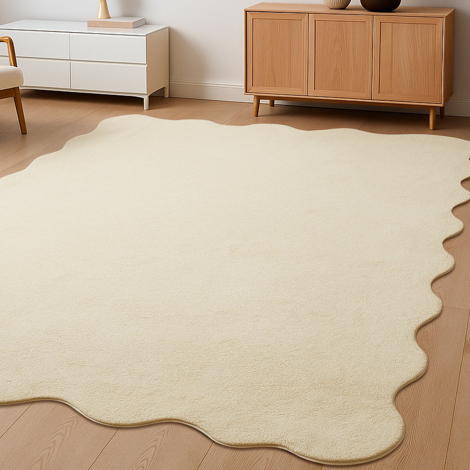 Pixie 240x330cm Wavy Large Shag Rug in Beige, featuring a sculptural, wavy design, laid on light wood flooring in a minimalist living space with modern furniture accents.