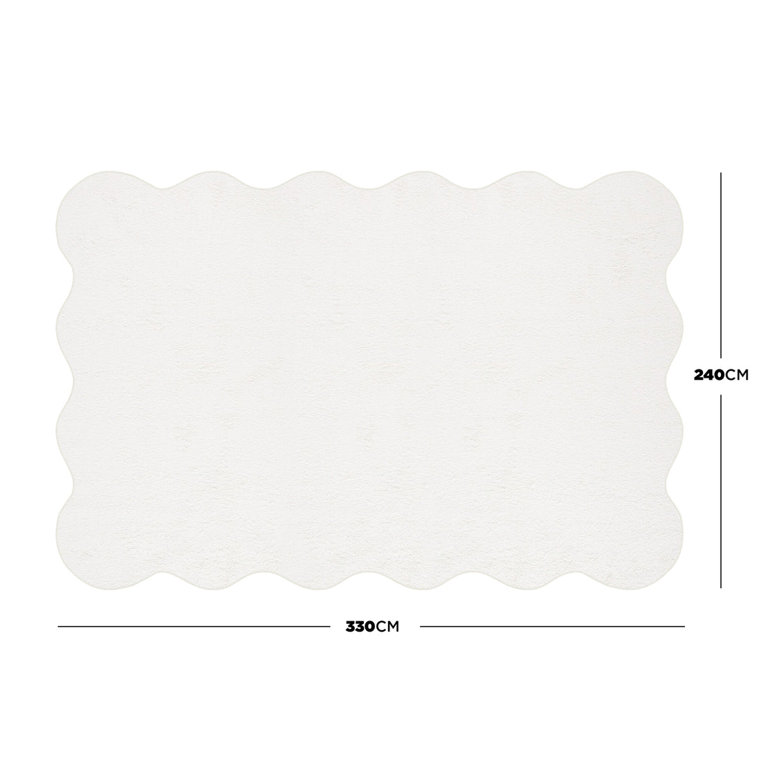 Pixie 240x330cm Large Wavy Shag Rug in Cream White, featuring a scalloped-edge design and plush, high-pile texture for comfort, displayed as a large rectangle with dimensions labeled.