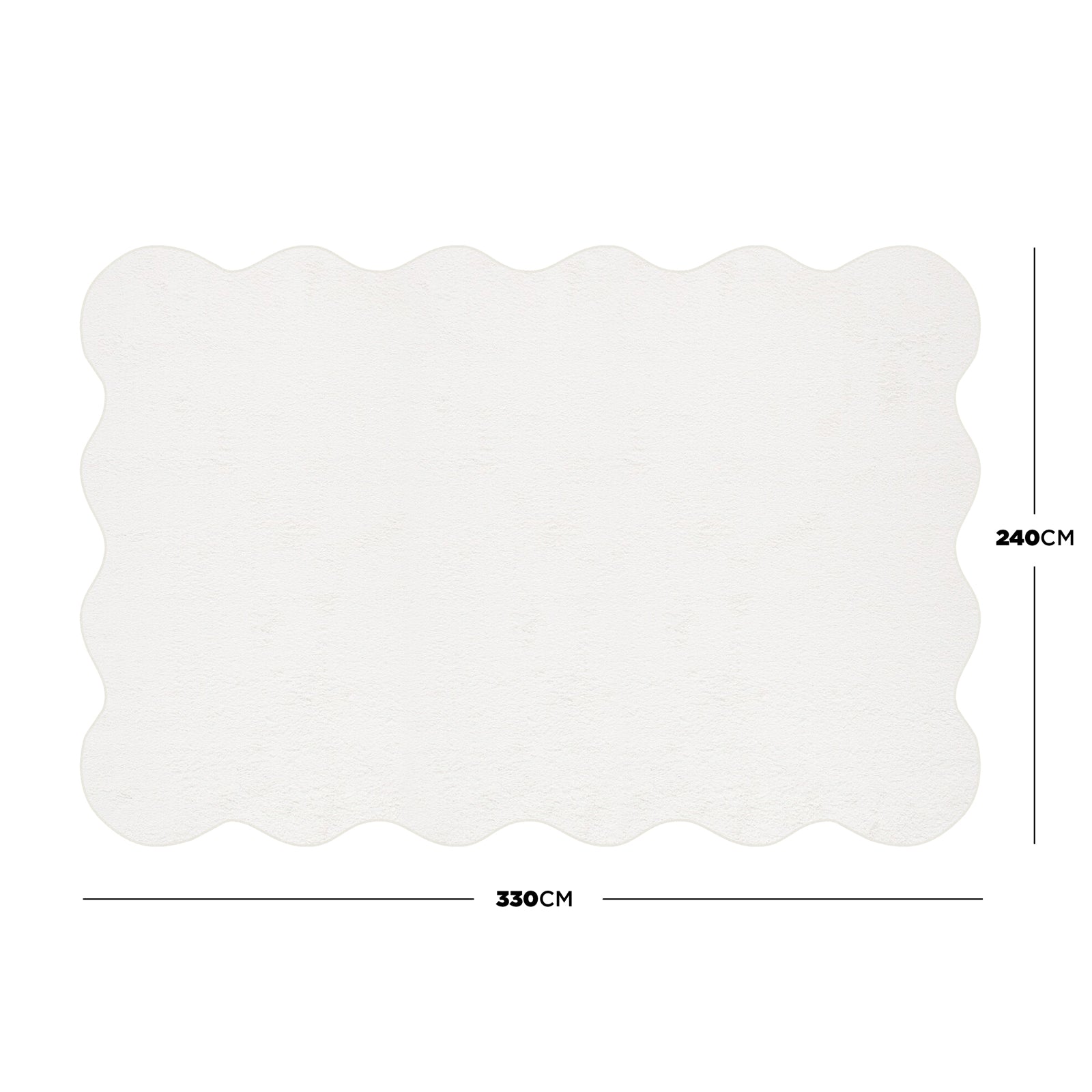 Pixie 240x330cm Large Wavy Shag Rug in Cream White, featuring a scalloped-edge design and plush, high-pile texture for comfort, displayed as a large rectangle with dimensions labeled.