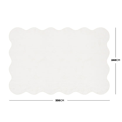 Pixie 240x330cm Large Wavy Shag Rug in Cream White, featuring a scalloped-edge design and plush, high-pile texture for comfort, displayed as a large rectangle with dimensions labeled.