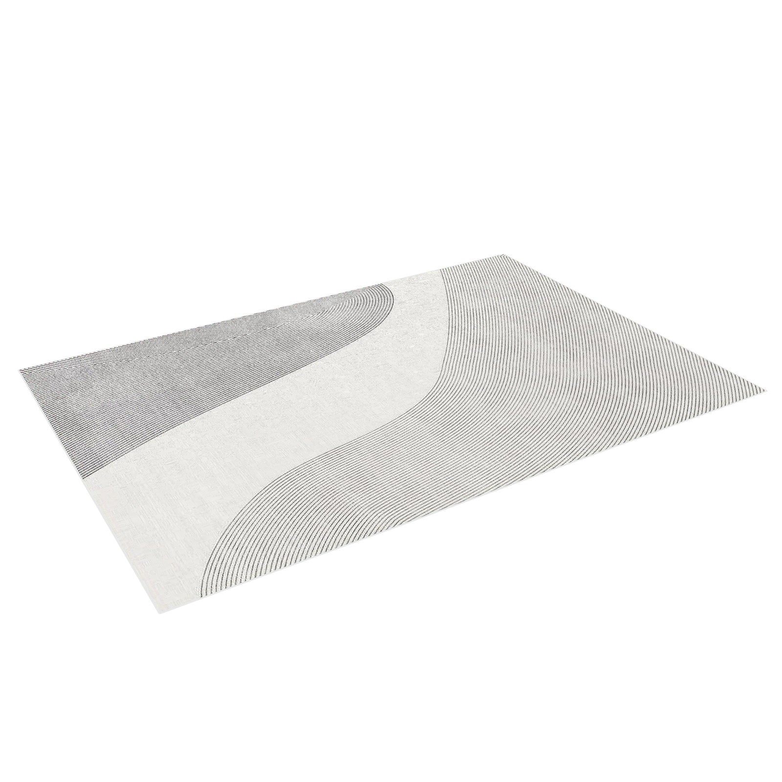 Ramvik 200x300cm Abstract Indoor Floor Rug featuring a cream background with modern gray lines forming opposing curves, highlighting its minimalist and contemporary design.