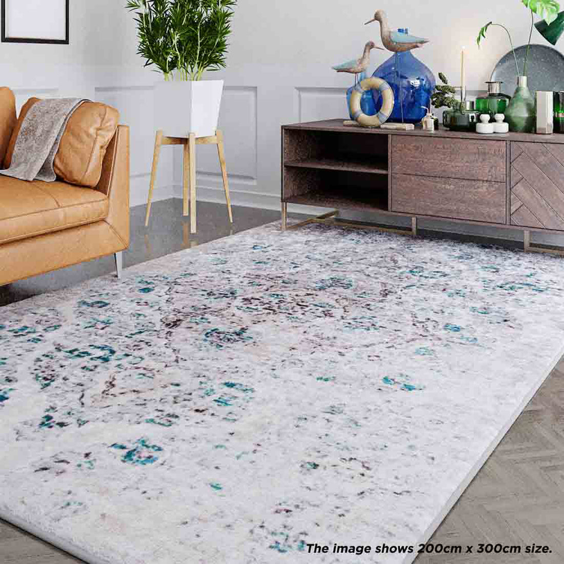 Close-up of Riana Distressed Faded Design Rug 160x230cm showcasing its intricate Persian-inspired medallion pattern with a distressed vintage look, highlighting its soft texture and suitability for high-traffic areas.