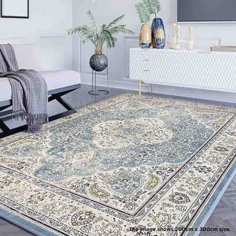 Roshni Distressed Persian Silky Rug 160x230cm displayed on a wooden floor, showcasing intricate floral medallion design, soft texture, and vintage-inspired distressed detailing with anti-slip backing.