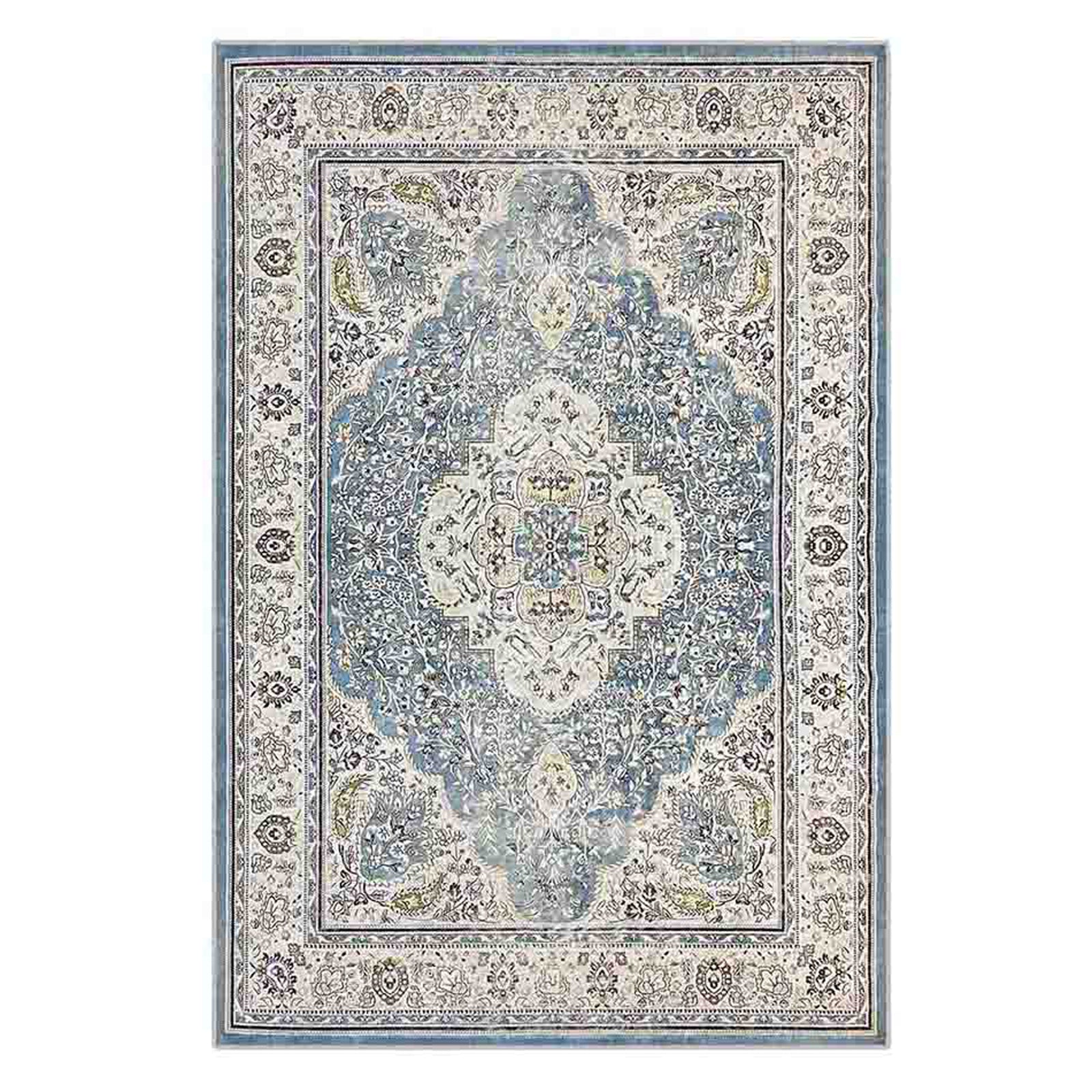 Close-up of the Roshni Distressed Persian Silky Rug 200x300cm, showcasing its intricate floral medallion design with a vintage distressed look, emphasizing its soft, luxurious texture.