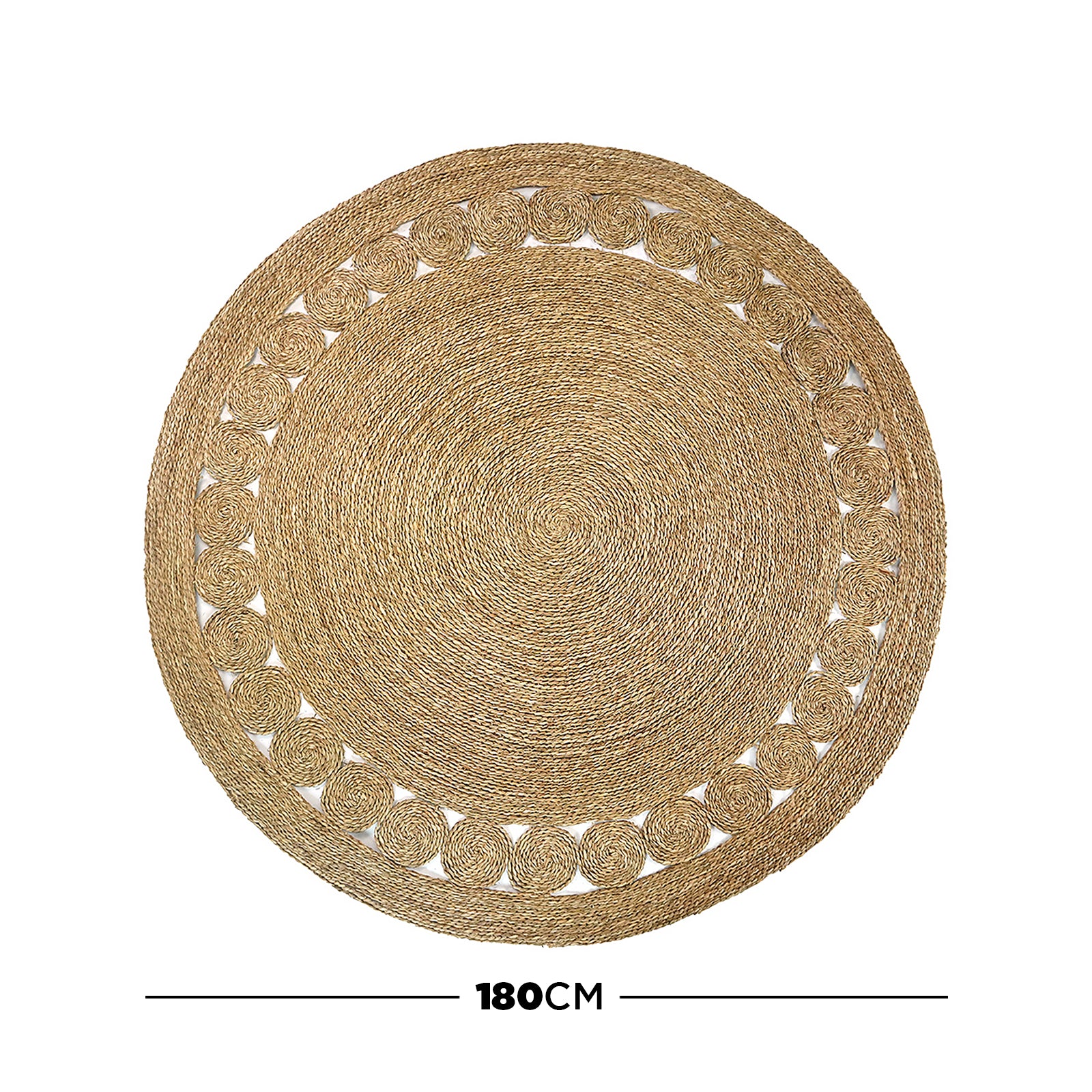 Sandra Brown Seagrass Rug 180cm features a large, round braided design with a tight concentric coil center, surrounded by smaller spiral braids, showcasing intricate seagrass craftsmanship.