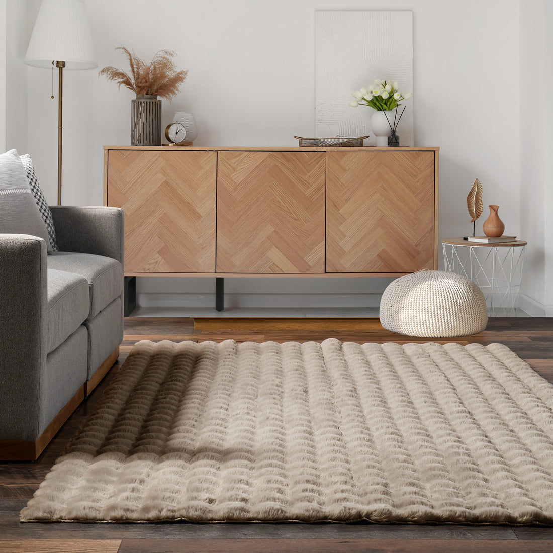 Severa 180x300cm Fluffy Fur Textured Bubble Rug Beige - Lifestyle